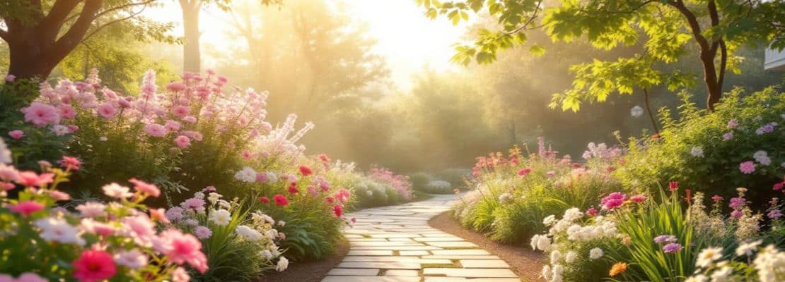 Peaceful garden pathway lined with colorful flowers and greenery, illuminated by warm morning sunlight.