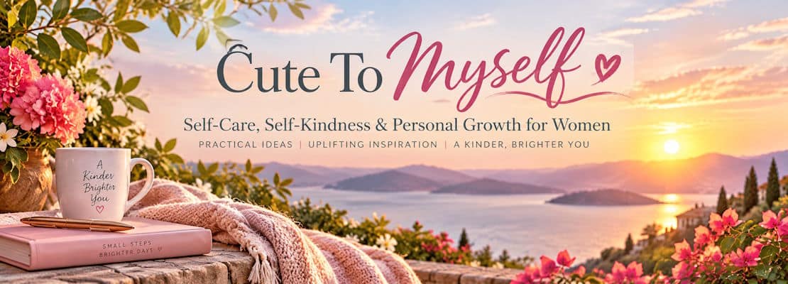 Cute To Myself inspirational banner featuring a peaceful lakeside sunset, pink flowers, a journal and coffee cup, promoting self-care, self-kindness and personal growth for women.
