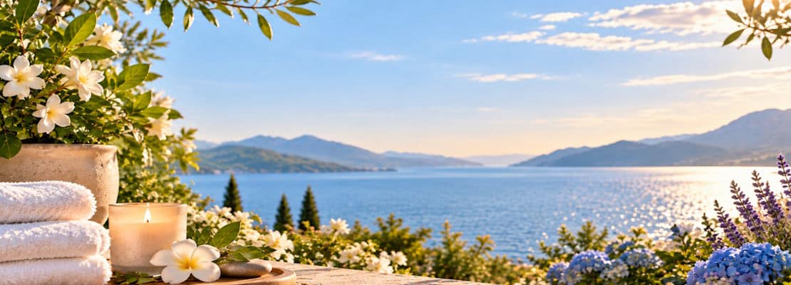 Care for Yourself inspirational image overlooking a peaceful lake with flowers, candles, and folded towels, promoting self-care and wellness.