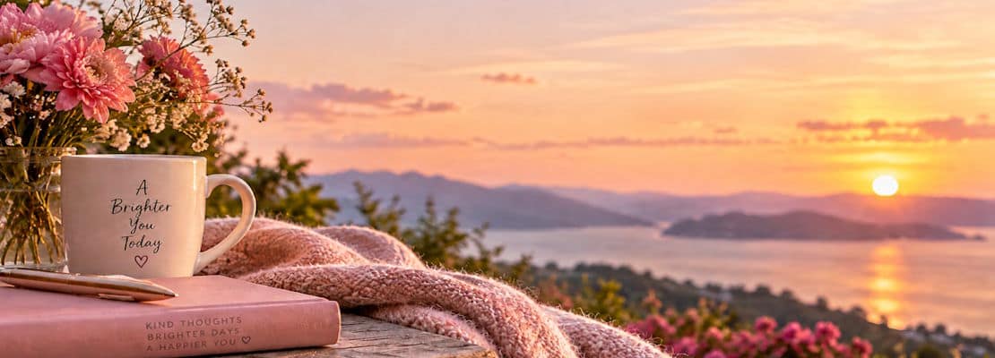 Value Yourself inspirational image with pink flowers, a cozy blanket, and a sunset over a peaceful lake, encouraging self-kindness and self-worth.
