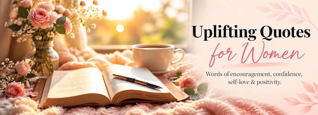 Pink flowers, journal and coffee cup beside the words Uplifting Quotes for Women
