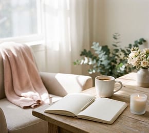 How to Feel Better About Yourself – Self-Esteem and Self-Kindness Peaceful self-reflection setting with an open journal, coffee mug, lit candle, flowers, and a cozy chair beside a sunlit window.
