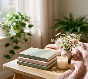 Take Better Care of Yourself – Self-Care and Wellness Cozy self-care setting featuring stacked books, a glowing candle, fresh pink and white flowers, and a soft knitted blanket beside a sunlit window.