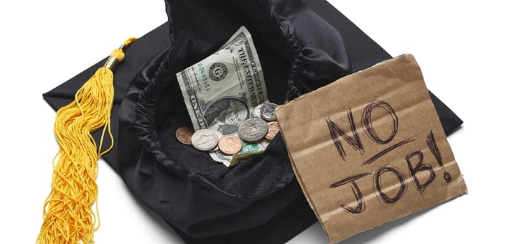 Graduation Cap with Change Money and No Job Sign Isolated on White Background.