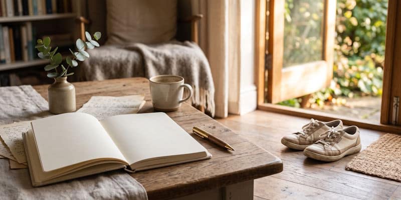 Open notebook and walking shoes by an open door representing a fresh start with personal goals