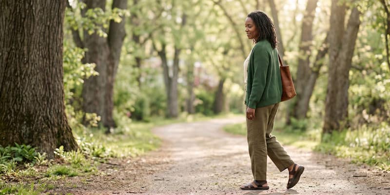 Woman walking along a peaceful tree-lined path as a symbol of moving forward with personal goals