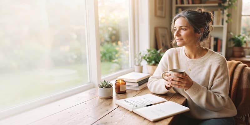Woman with a planner reflecting on her New Year’s resolutions and personal goals Description: