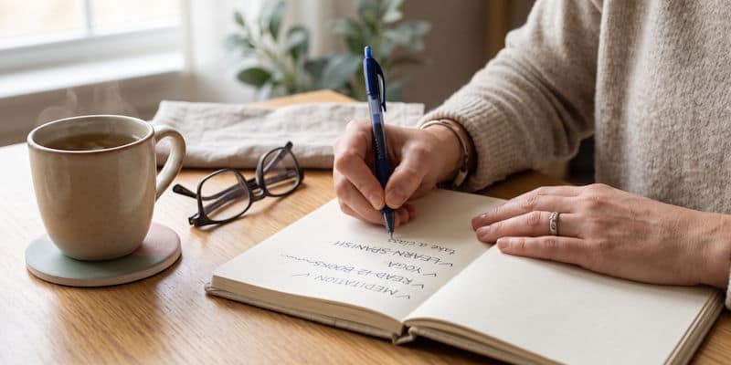 Woman revisiting New Year’s resolutions and writing revised goals in a notebook