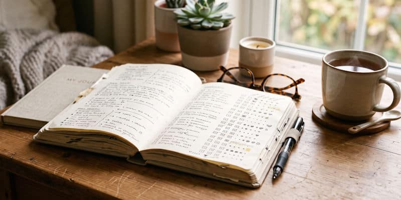 Open journal with goals and habit tracking beside a cup of tea