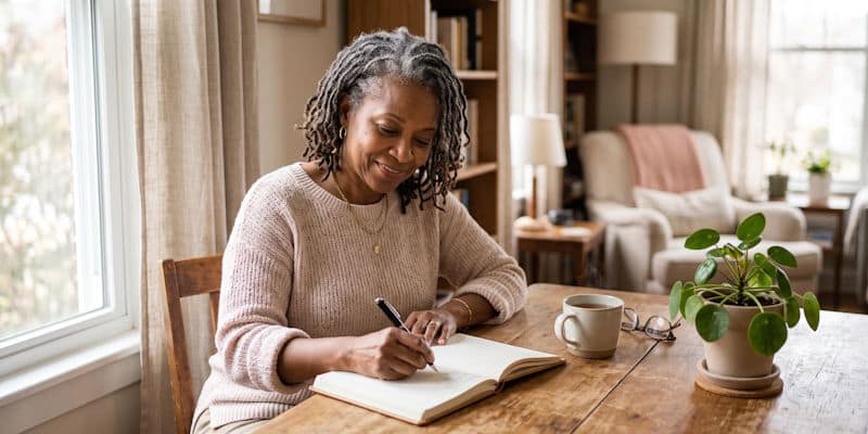 Woman writing New Year’s resolutions and personal goals in a journal