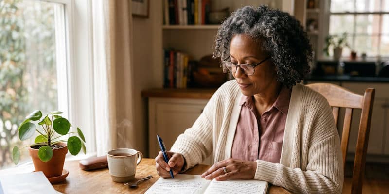 Woman writing New Year’s resolutions and personal goals in a notebook at home