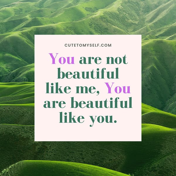 Inspirational self-acceptance quote reading “You are not beautiful like me, you are beautiful like you” displayed over a landscape of lush green rolling hills.