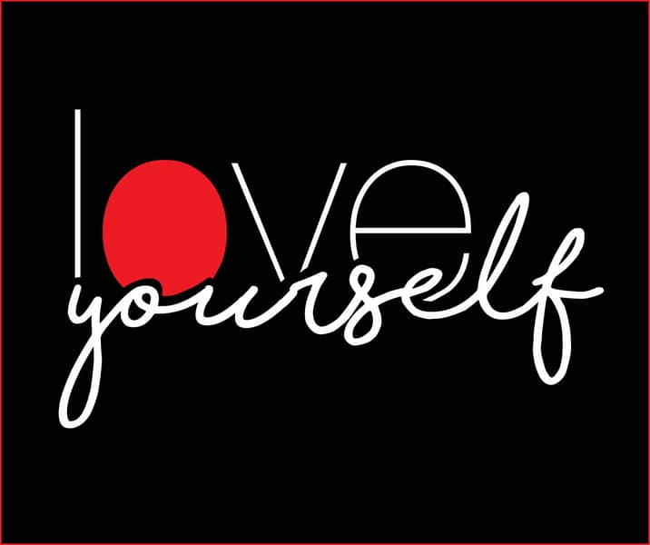 Inspirational self-love graphic featuring the words “Love Yourself” in white lettering with a bold red circular accent against a black background.